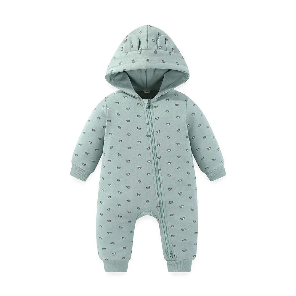 

Fashion Autumn Winter Solid Long Sleeve Warm Baby Boy Girl Hooded Jumpsuits Rompers Zipper Baby Clothes