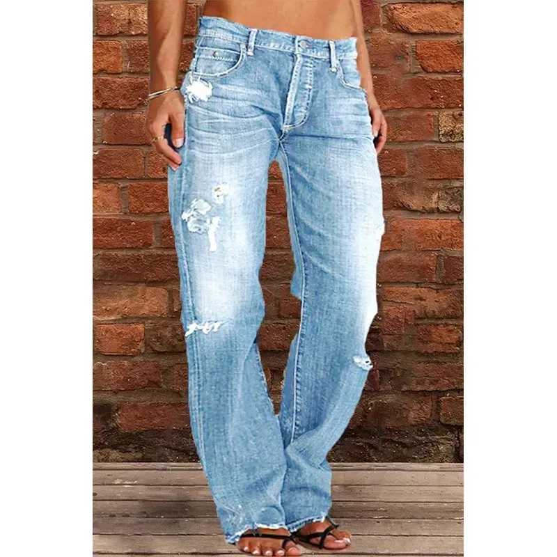 Mulheres lavadas jeans lápis calças denim buraco cintura alta bolsos vintage botão sólido básico calças de comprimento total 2024 casual