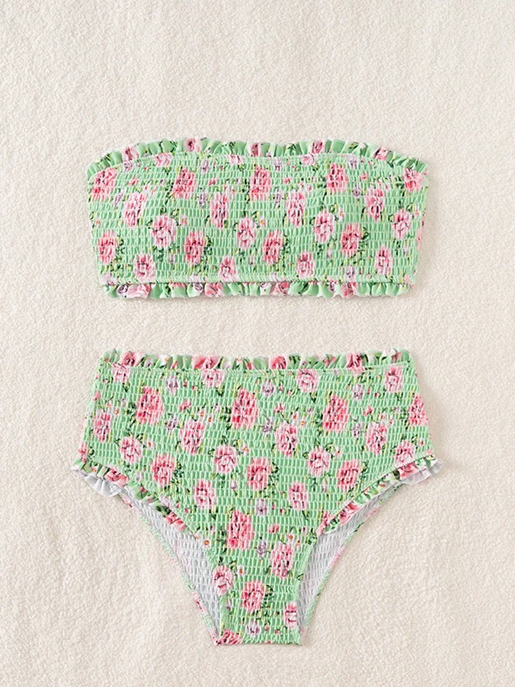 

Sexy Strapless Bikinis 2 Piece Set Women Floral Split Swimsuit High Waist Beach Bikini 2025 New Summer Swimwear Bikinis Set