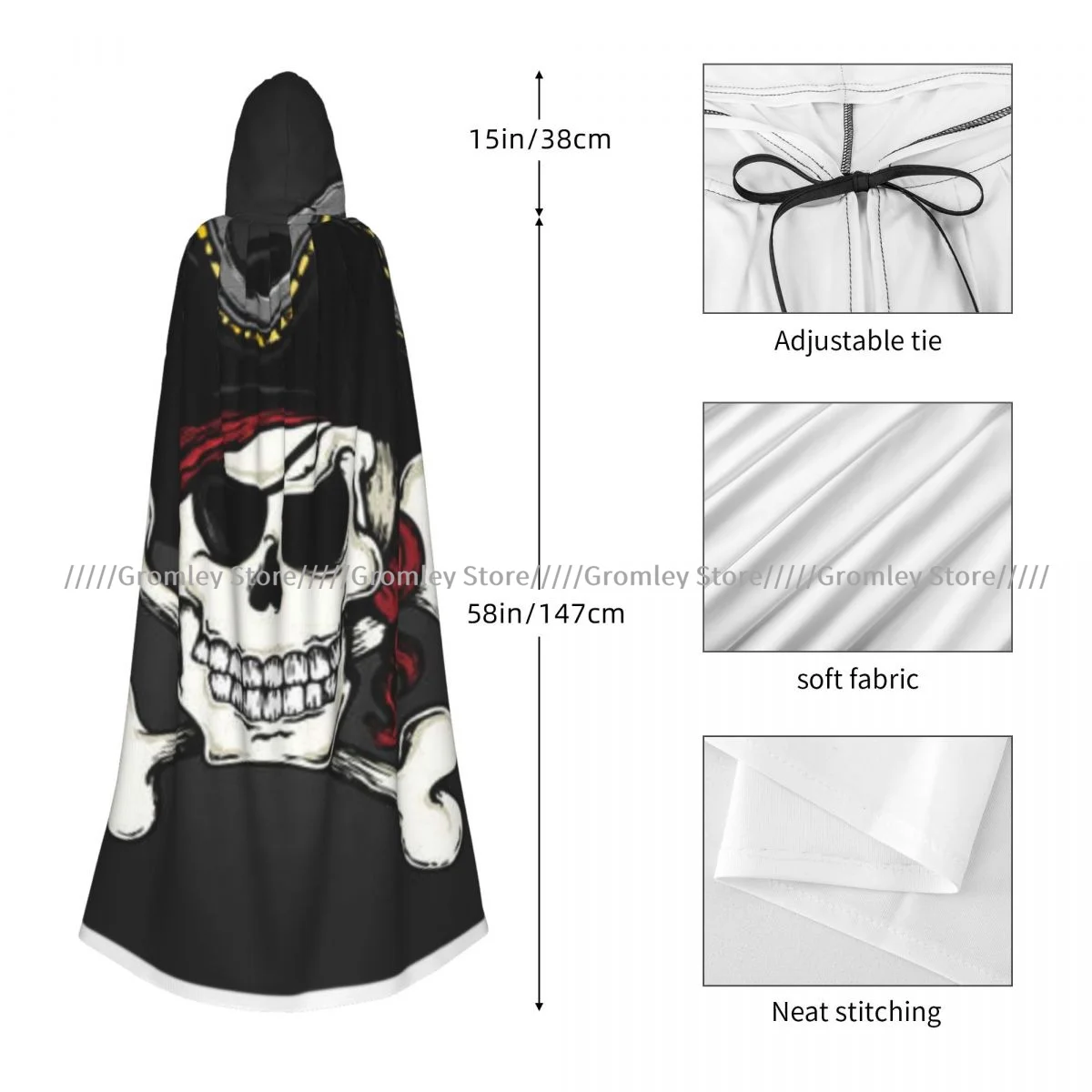 الكبار خمر القراصنة الجمجمة موضوع عباءة كيب مقنعين القرون الوسطى زي الساحرة ويكا مصاص دماء هالوين فستان مُصمم حسب الطلب معطف #3