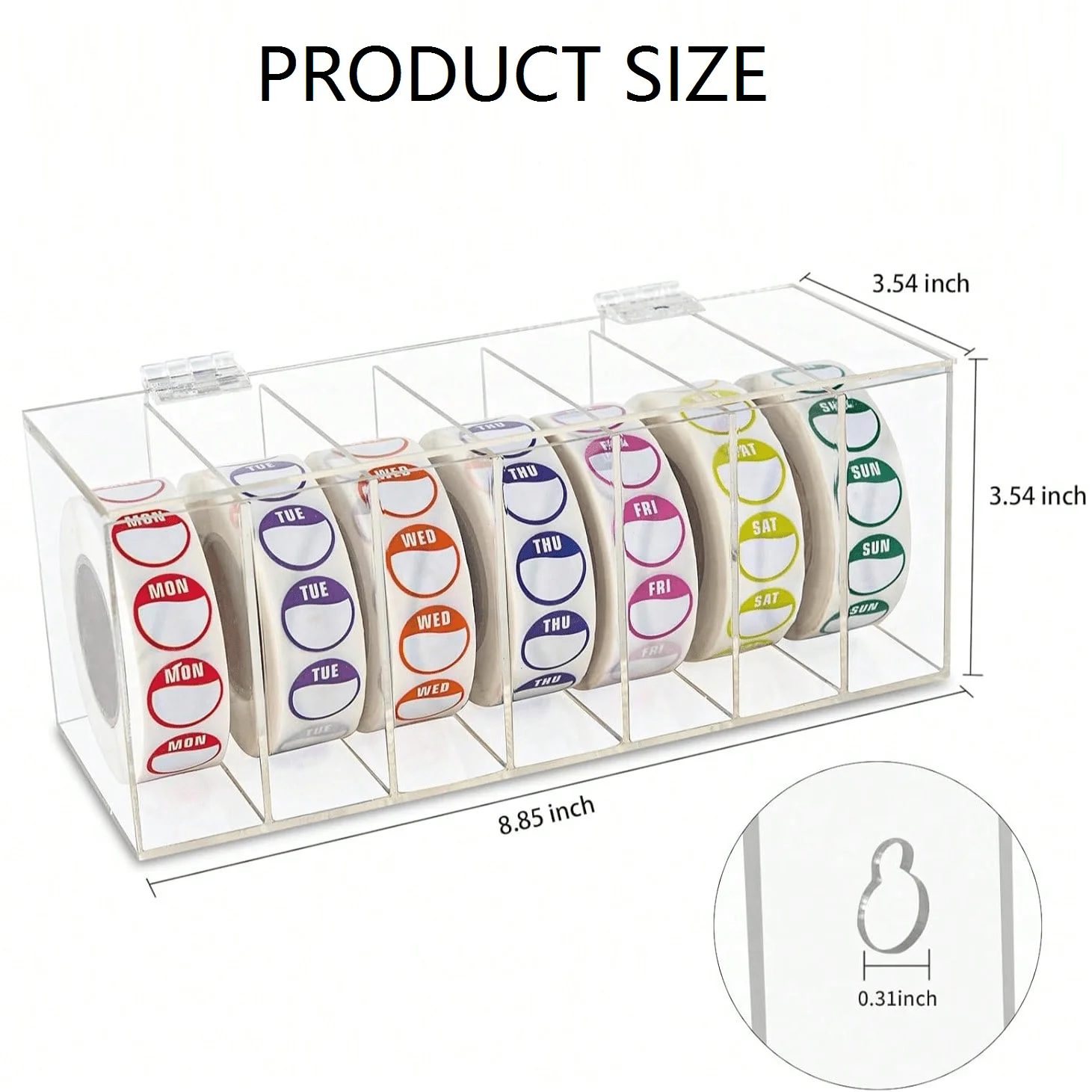 Acrylic 7-Slot Wall-Mounted Sticker Roll Label Dispenser with 1-inch and 3/4-inch Calendar Stickers (No Labels Included)