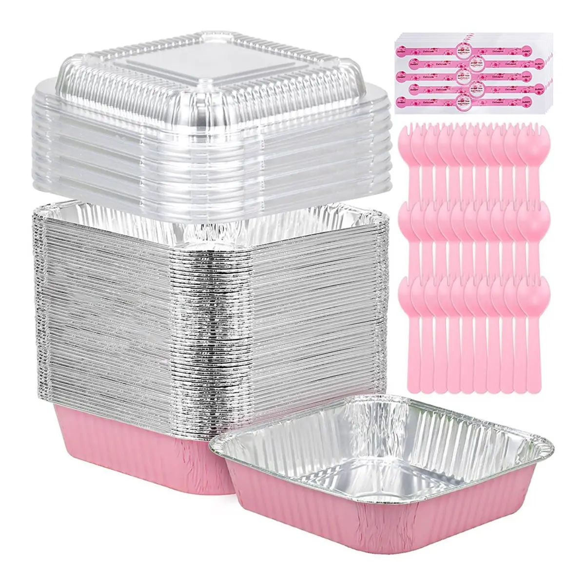 A56K 35 Pack Pink 8x8 Inch Disposable Aluminum Pans with Plastic Lids,Stickers and Cake Spoons ,for Baking Trays,Foil Pans