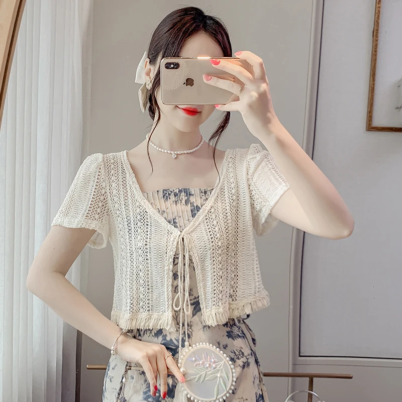 Korean Style Female Lace Shirts for Summer Short Sleeve V-neck Tassel Ribbon Short Design Women Cardigans Sweet Sunscreen Shirt