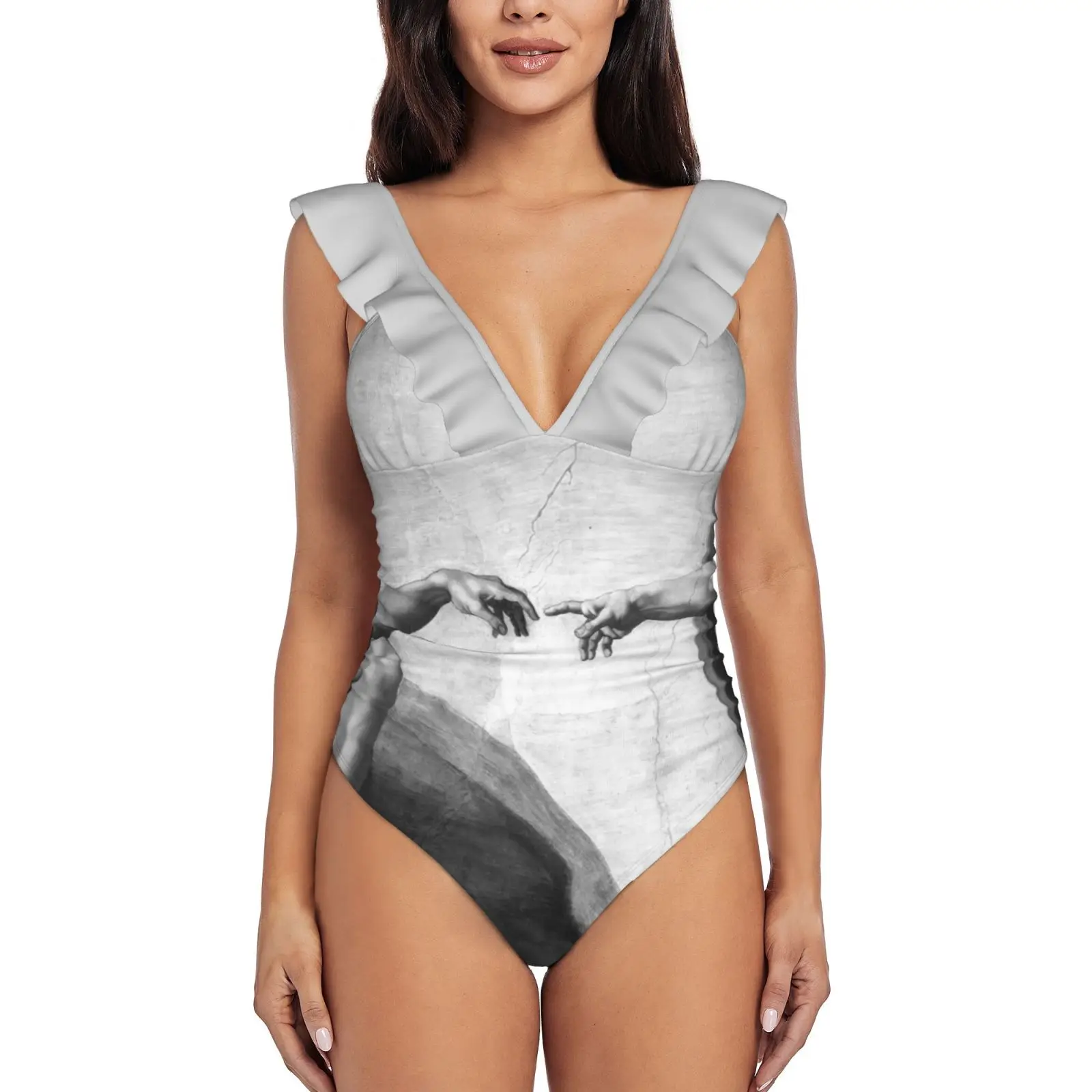 Black And White Creation Of Adam Painting By Michelangelo Women'S Ruffle One Piece Swimsuit Bodysuit One Piece Swimwear Bathing