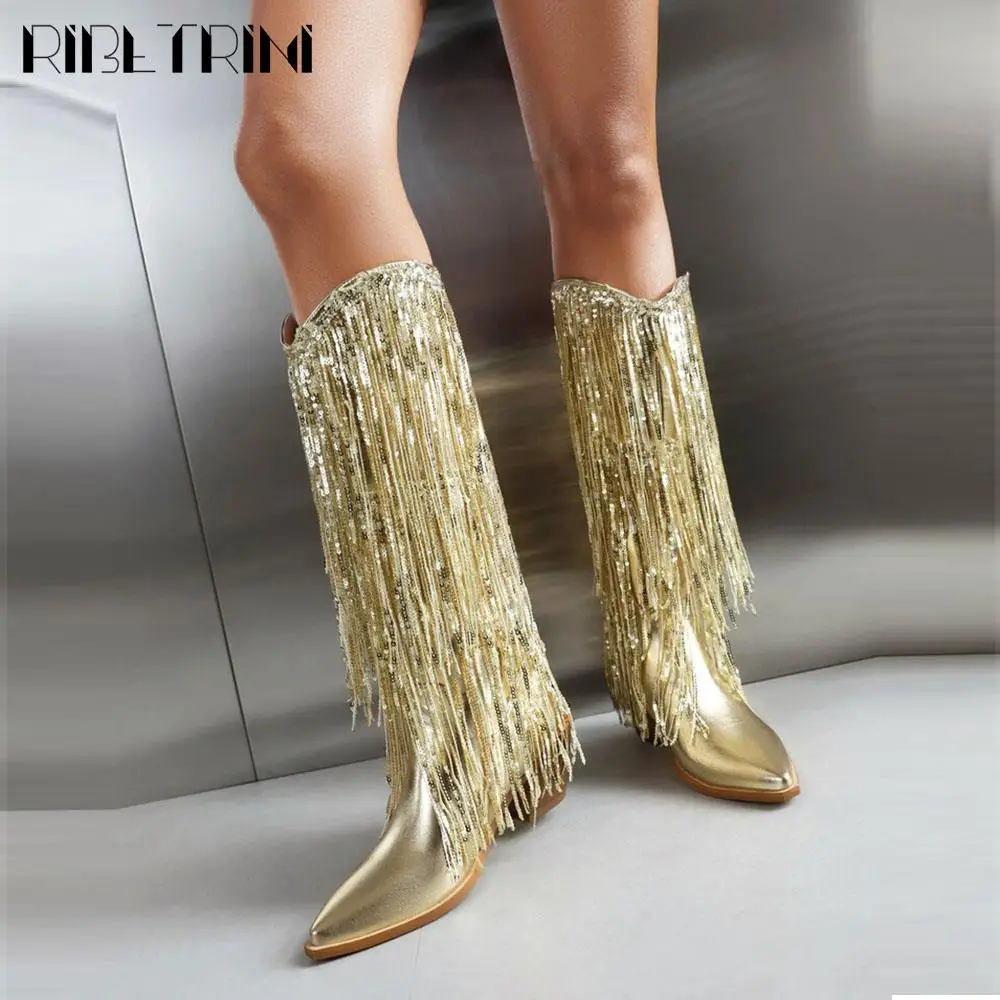 Glitter Shiny Fringe Women Western Boots Slip On Mid Calf Chunky Block Heels Shoes Sexy Elegant Party Nightclub Luxury Boots