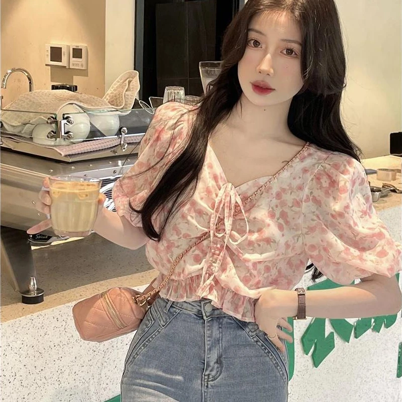 Women Blouse Floral Shirring Lace-up Chiffon Crop Tops Design Niche Korean Fashion All-match Chic Sweet Spicy Girls Summer Ins