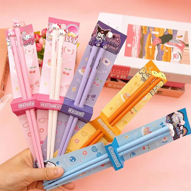 

3D Cute Chopsticks Hello Kitty Kuromi Cinnamoroll Melody Cartoon Doll Anti slip Chopsticks Kawaii Sushi Couple Dinnerware Gift