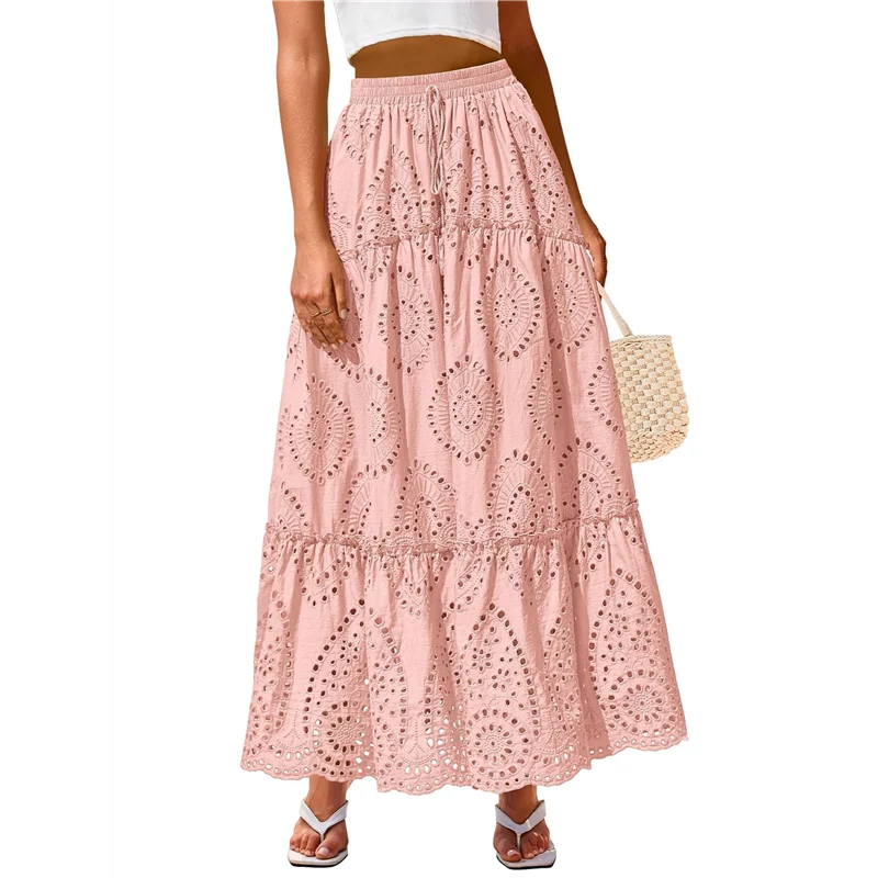 

CYL-Women's Boho Casual Summer 2025 Lace Embroidery Eyelet Elastic Waist Flowy Tiered A-Line Beach Maxi Skirt