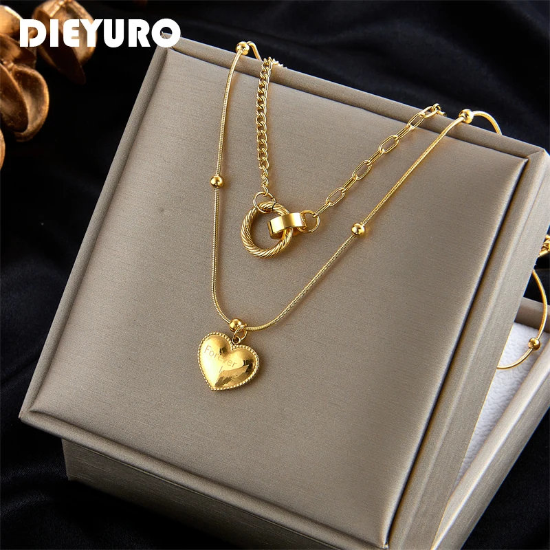 DIEYURO 316L Stainless Steel Multilayer Heart Pendant Women Necklace Fashion Gold Color Body Jewelry Party Holiday Gifts