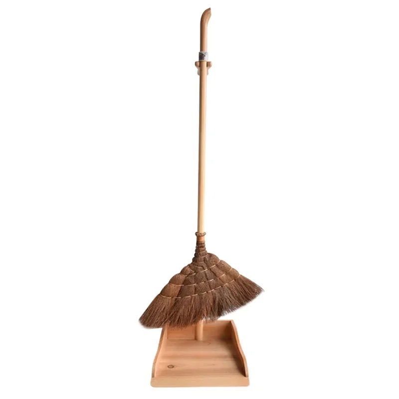 Chinese style brown hair broom solid wood dustpan set,pure handmade household brown silk broom, stainless steel clip combination