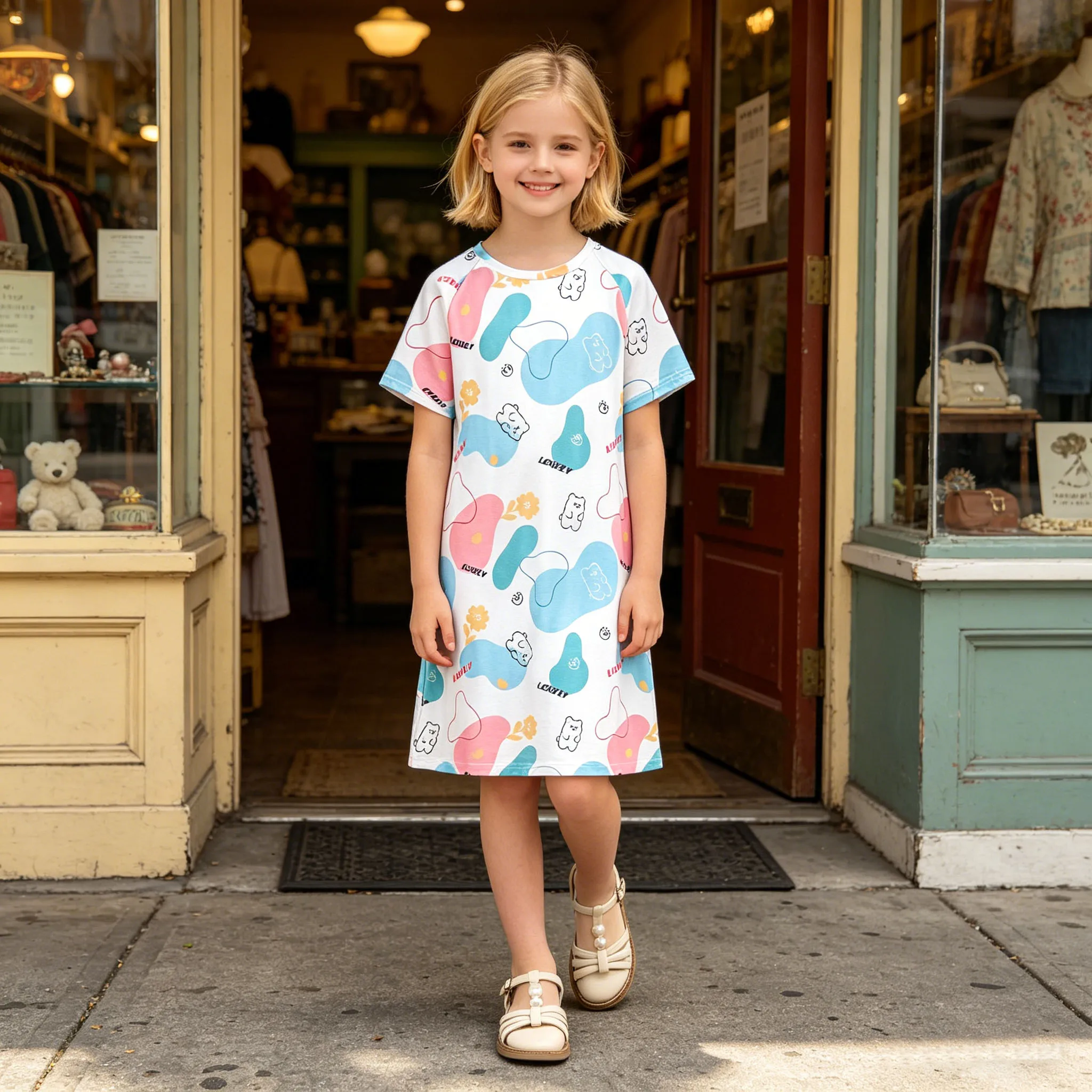 Girls' fashionable dress for spring and autumn, girls' outdoor casual geometric shape teddy bear pattern medium long skirt