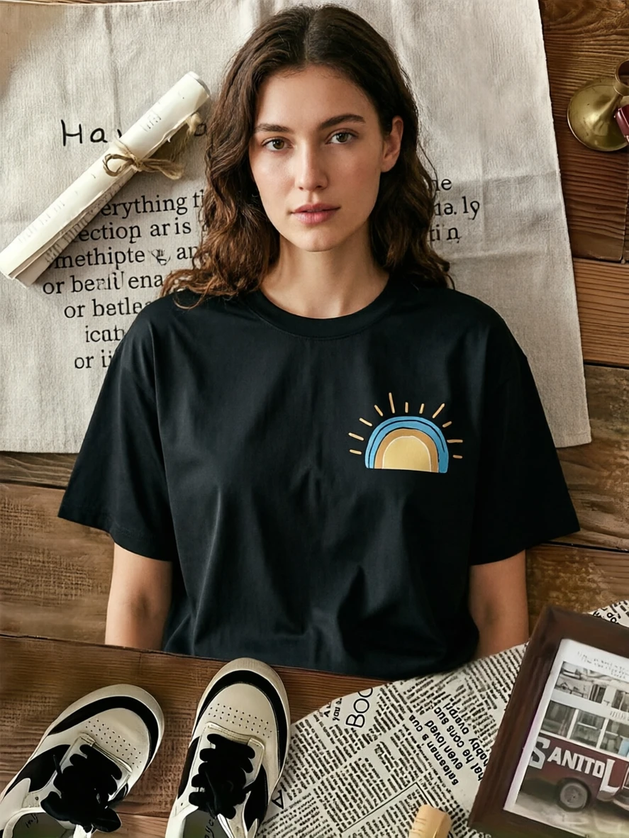 Graffiti Sunshine Printed Women's T-shirt Round Neck Short Sleeve Casual Tops Simple Suitable for Summer Wear Y2K Women Clothing