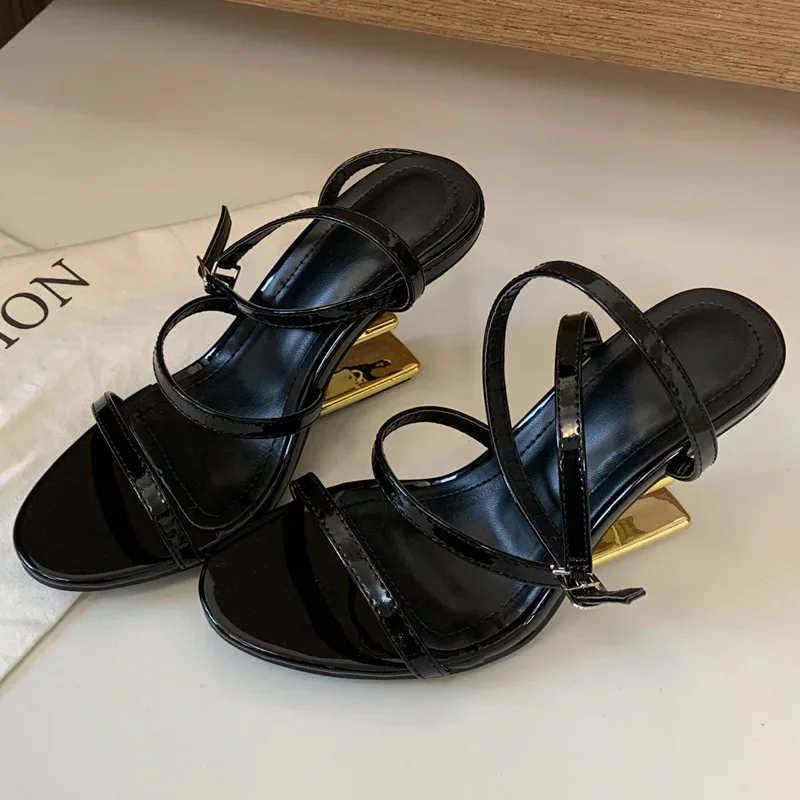 

Aneikeh/черные женские сандалии с узкими ремешками и блестящим дизайном, стильная летняя обувь на танкетке с резьбой и высоким каблуком для банкета и вечеринки