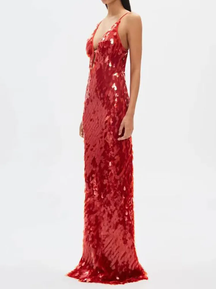 V-Neck Hollow Out Zipper Maxi Dress, Women Spring Sleeveless Sequined Party Dress, Backless Red Color Ladies Dress Streetwear