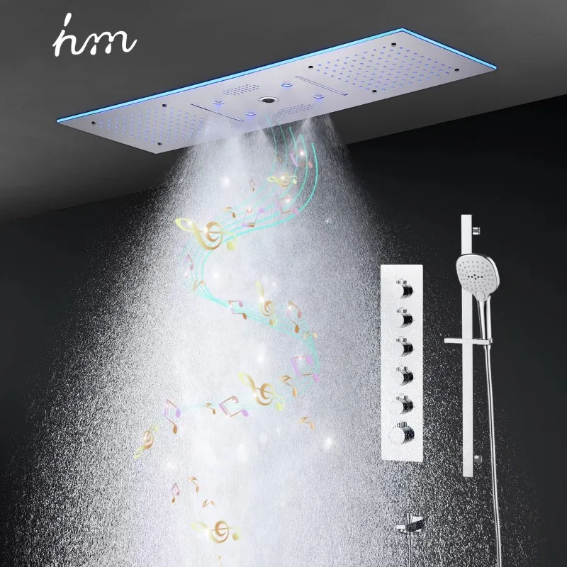 Light Emitting Diode Music Bathroom Smart Shower Set Multifunctional Rain Waterfall Spray Column and Manual Shower Mixer Set