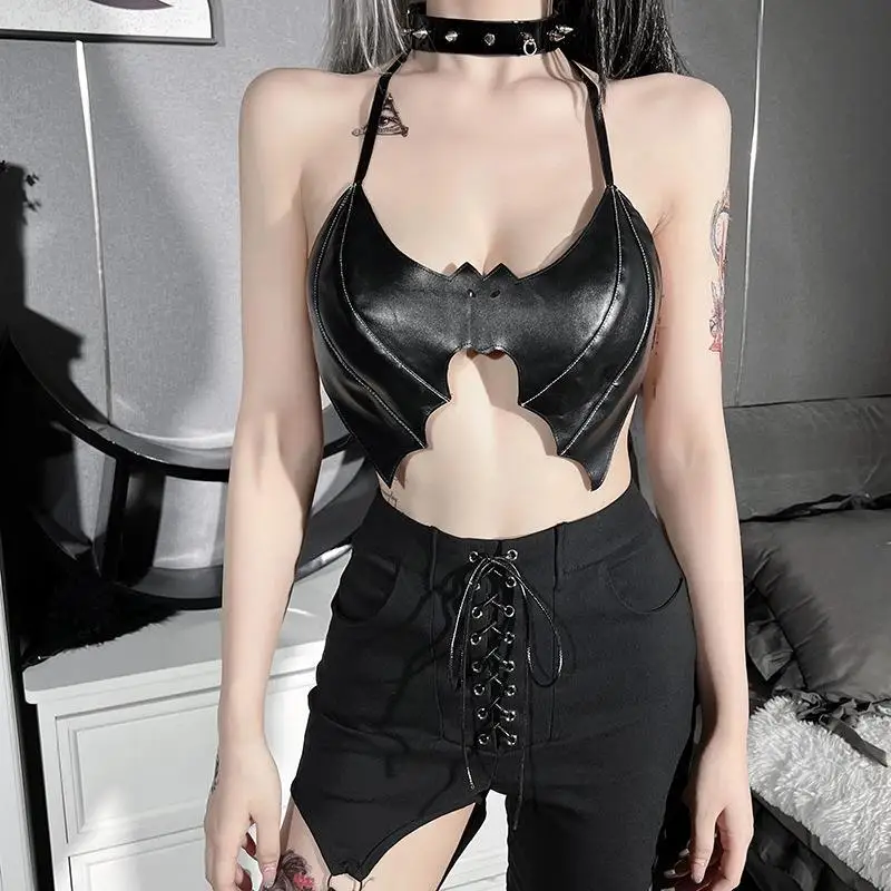 European and American Dark Women's Top New Bat Leather Halter Backless Lace-up