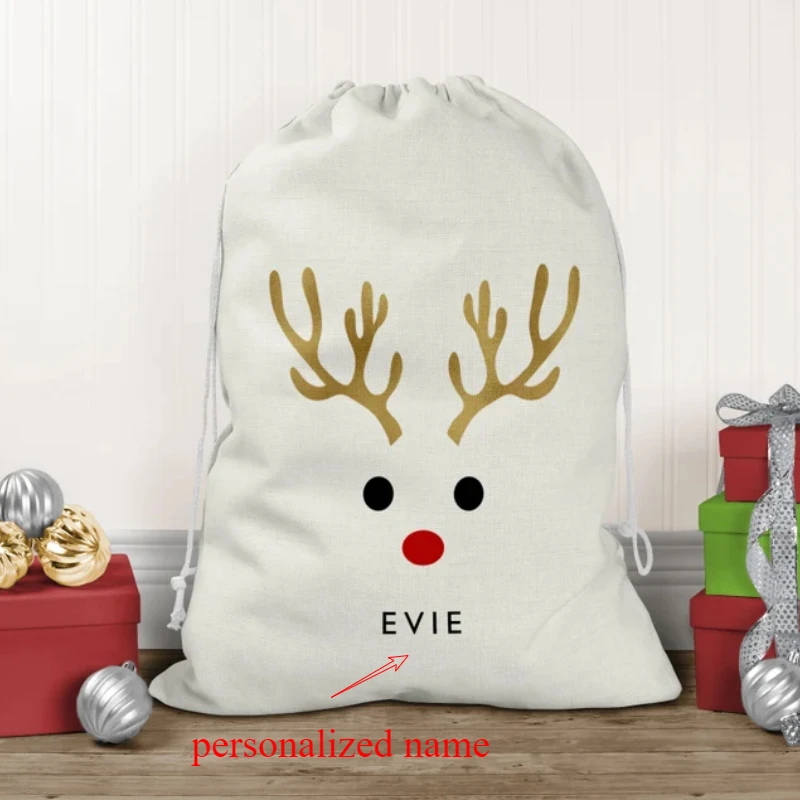 Custom Name Reindeer Large Christmas Santa Sack Personalised Xmas Christmas Gift Bag Cotton Fabric Sack Canvas Santa Sack Gift