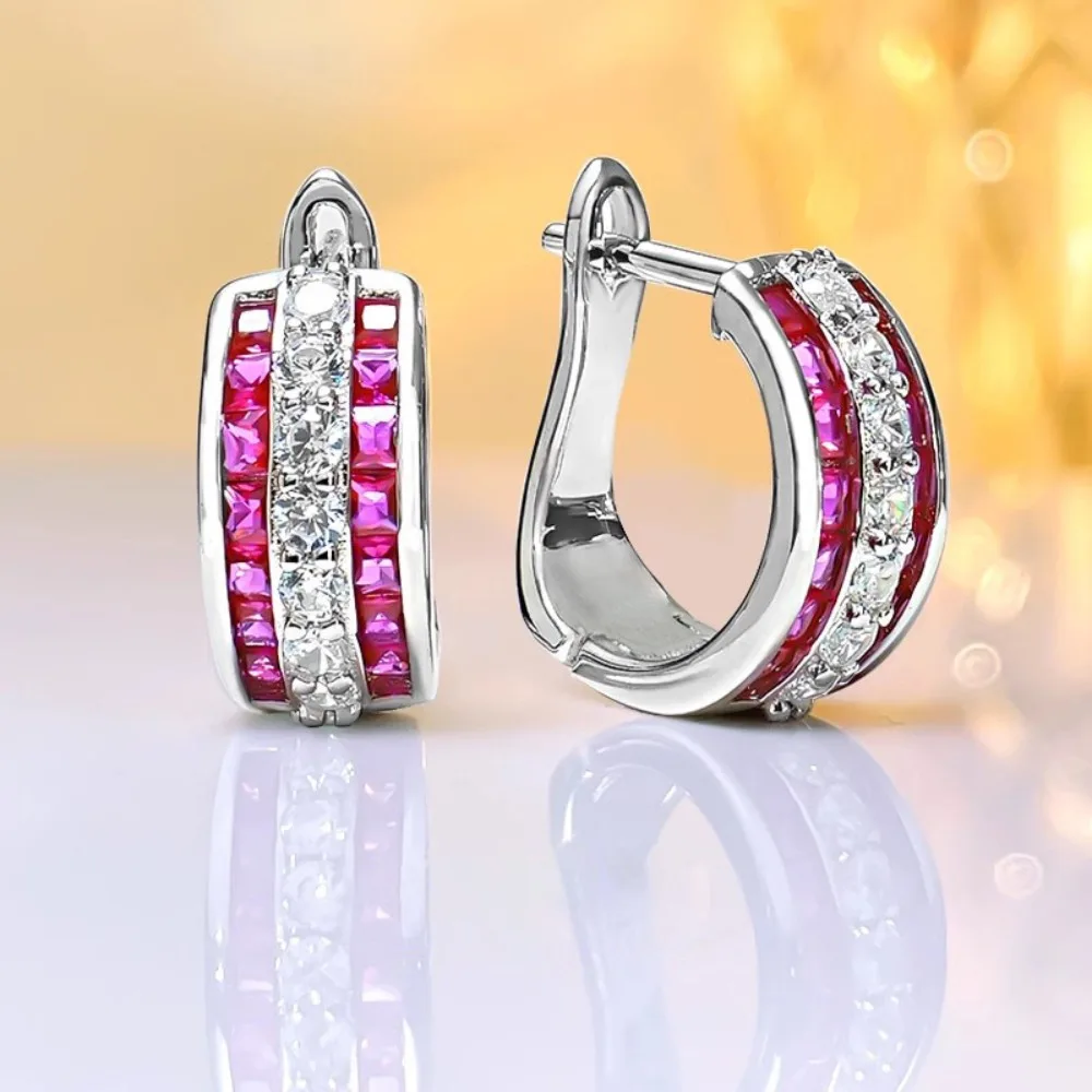 Simple Versatile Inlaid 5A Pink White Zircon Channel‑Setting Hoop Earrings for Women Colorfast Click‑Top Ear Buckle Jewelry
