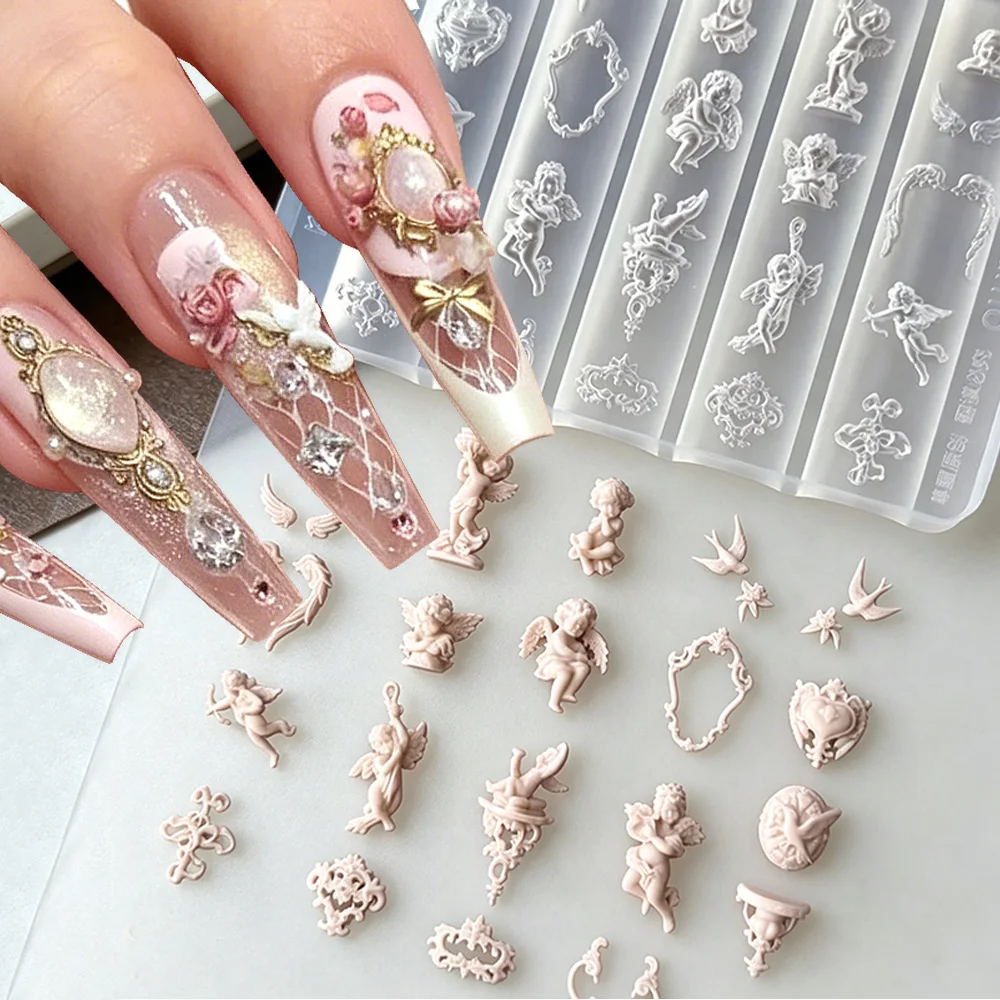 Molde de Silicone 3D Anjo Barroco para Unhas, Moldes de Unhas com Asas de Cupido e Porta-Retrato, Placas de Estampagem em Relevo com Coração e Cadeado, Ferramentas para Unhas