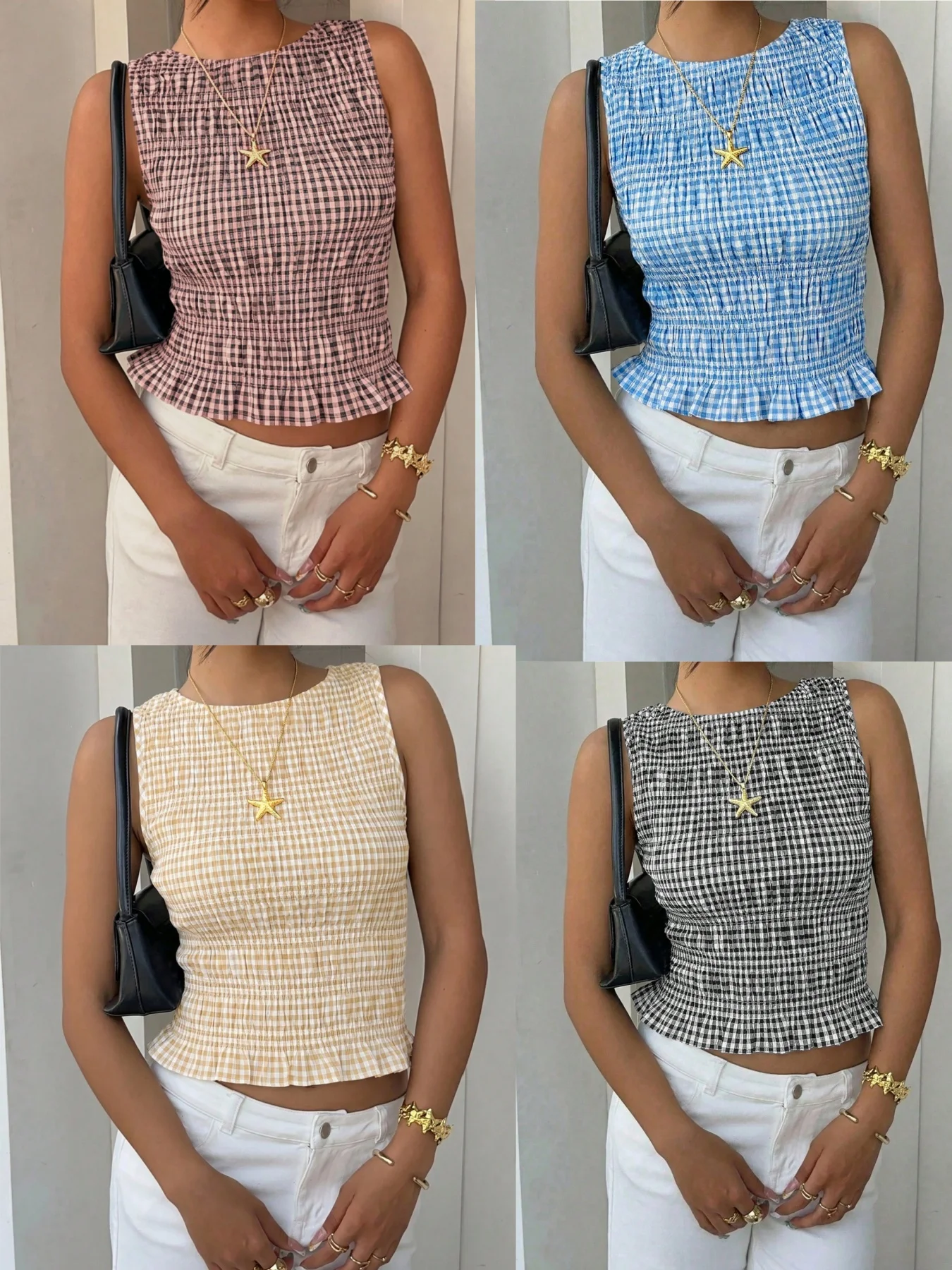 Women's Summer Spicy Girl Thousand Bird Grid Hug and Waist Tight and Skinny Sleeveless Round Neck Shoulder Tank Top