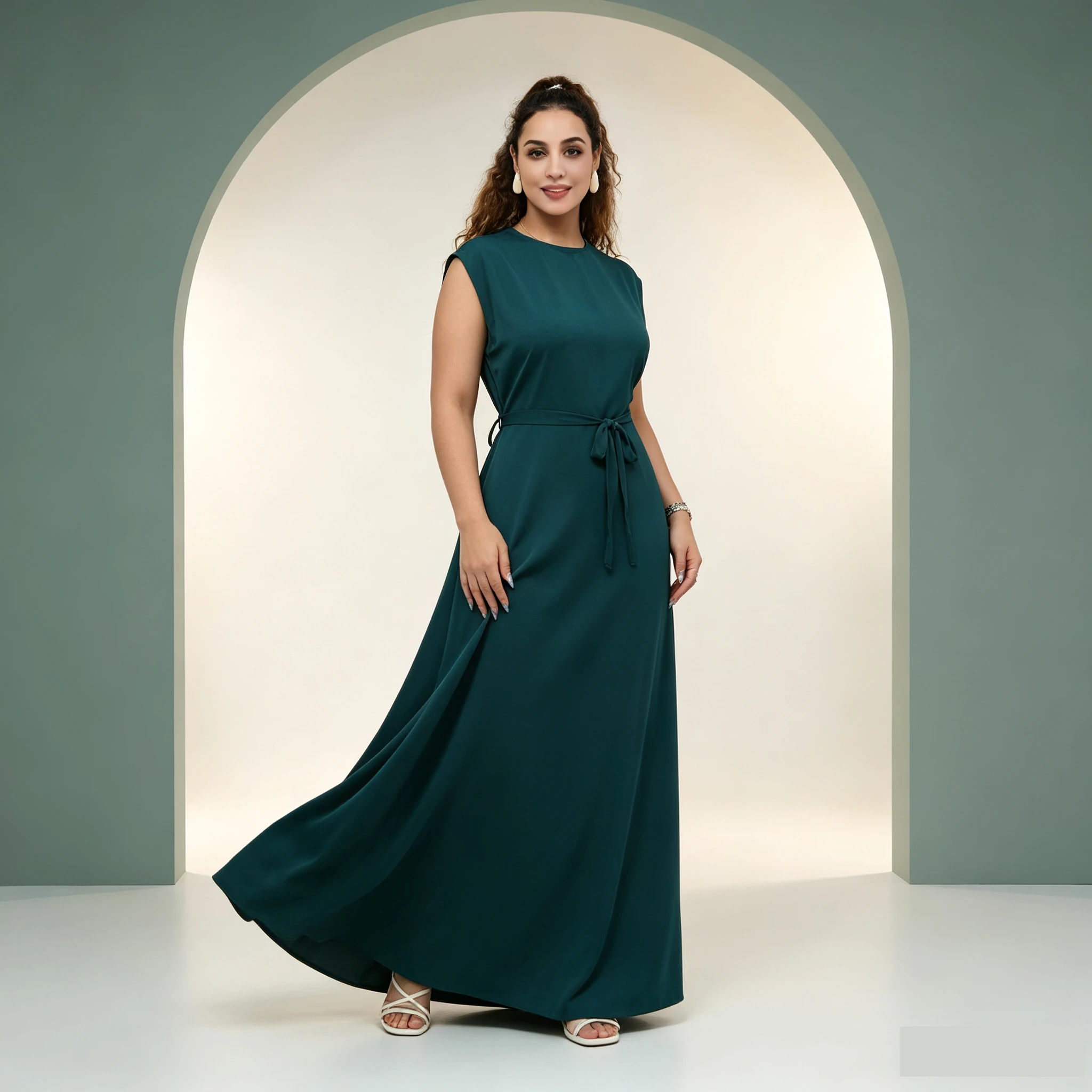 Muslim Women Satin Abaya Long Dress Elegant O-neck Sleeveless Maxi Dress Islamic Modest Dress Dubai Turkey Evening Party Robe