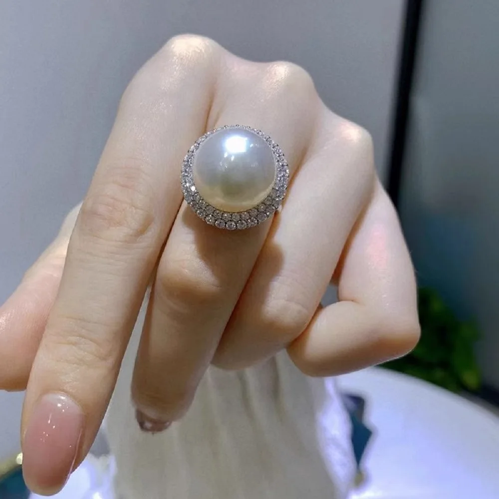 Gorgeous oversized pearl ring AAA 12-13 mm natural South Sea round pearl opening ring 925S-