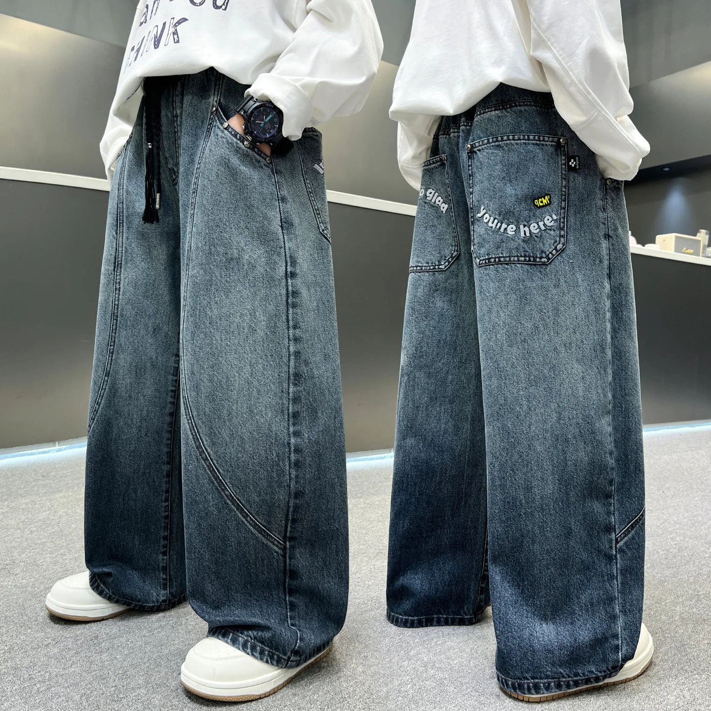 Children's Baggy Jeans Spring New Teenage Boys Retro Straight Wide Leg Denim Trousers Kids Autumn Handsome Pants Age 4 To 15 Y