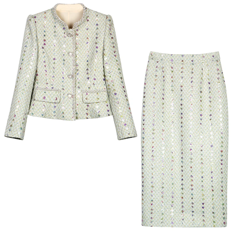 New Fashionable and Elegant Light Luxury Socialite Heavy Industry Sequin Temperament Small Fragrance Jacket + Slim Skirt Suit