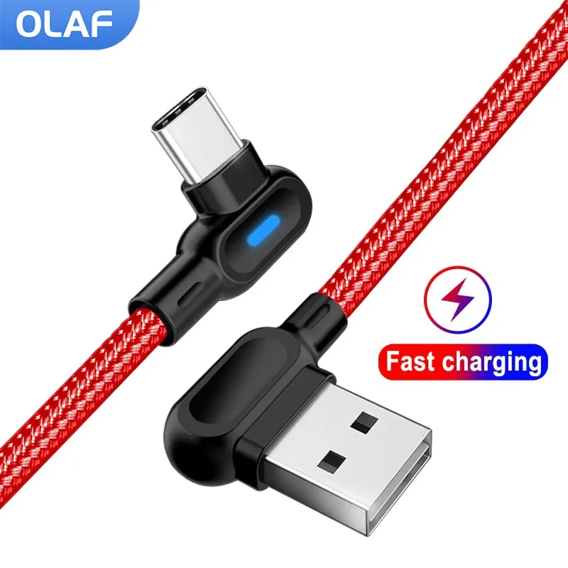 OLAF USB Type C Cable 1m 2m Fast Charge Data Cord 90 degree Type-C USB C Charging Cable For Xiaomi Redmi Huawei Samsung S10 S9