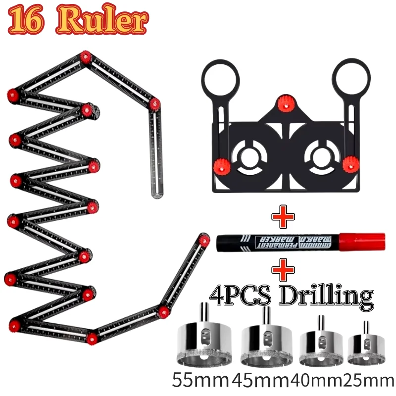 16/12/9/6/4 Side Multi Angle Measuring Ruler Opening Locator Angle Finder Tool Ceramic Tile Hole Punch Locator Measuring Ruler