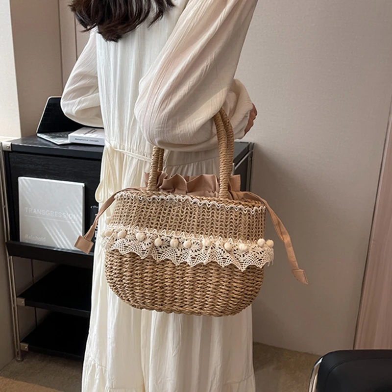 New Weave Tote Bag Female Bohemian for Women Summer Beach Straw Handbags and Purses Ladies Fashion Travel Daily Shopping  Basket