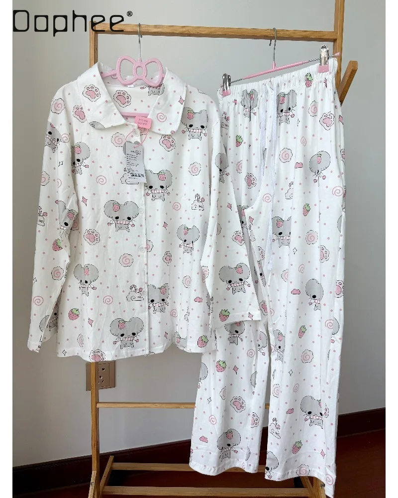 Original Japanese Style Sweet Cute Polka Dot Print Pajama Set Lapel Long-sleeved Pants Long Two-piece Set Women's Loungewear