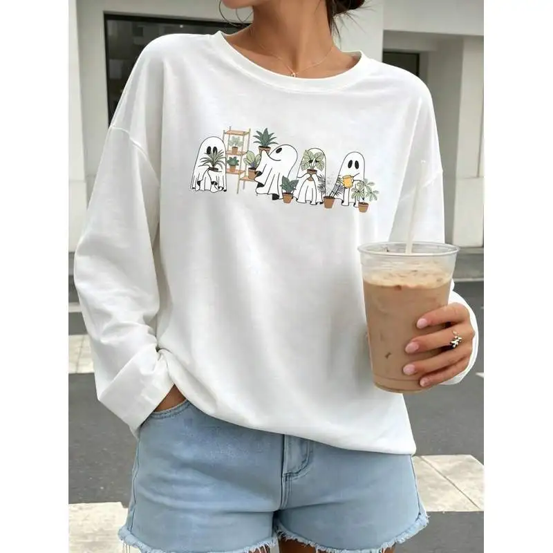 Vintage Cute Ghost Gardening Plant Graphic Long Sleeve Tee For Women,Oversized Crew Neck Top,Streetwear Holiday Daily Wear