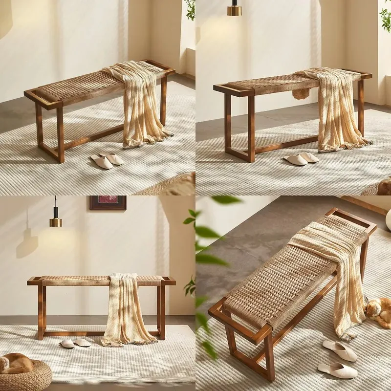 Modern Wood Rattan Bedside Stool Rope Dining Stool Sofa Bench for Bedroom Living Room Hotel Apartment