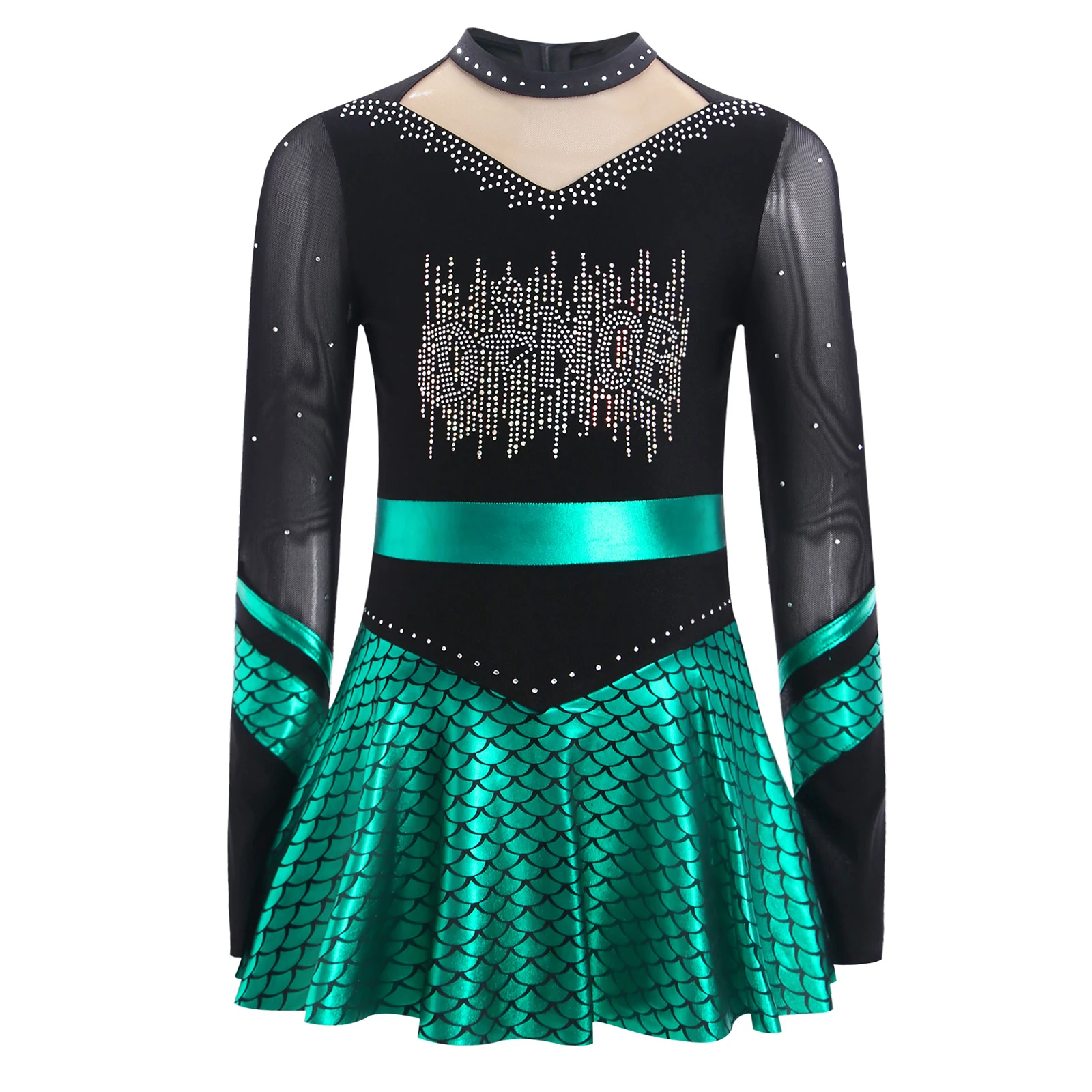 Girls Shiny Rhinestones Ballet Dress Mermaid Cosplay Costumes Metallic Fish Scales Built-in Shorts School Performance Dancewear