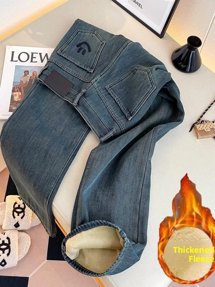 

Женские зимние утепленные джинсы с вышивкой в стиле ретро, широкие, прямые, с высокой талией, свободного кроя