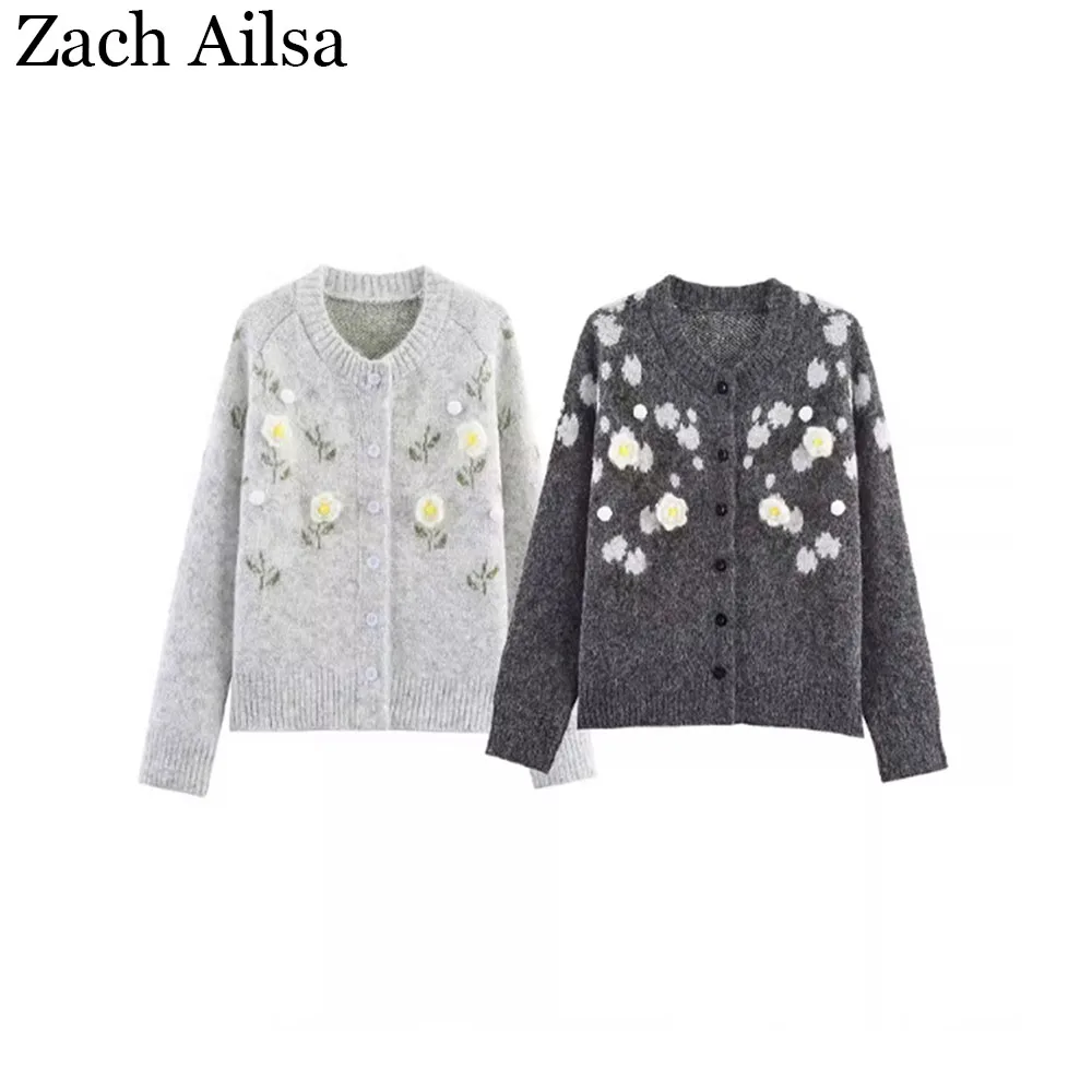 

Осенний новый женский повседневный и универсальный вязаный кардиган с круглым вырезом и длинными рукавами с объемным цветком