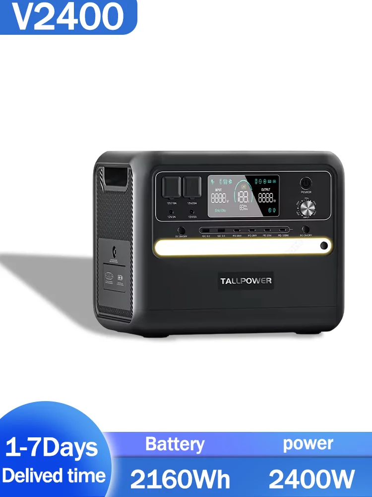 Die neueste tragbare Powerstation V2400 ist mit einem 2400-W-Solargenerator und einer 2160-Wh-Lithium-Eisenphosphat-Batterie ausgestattet, was sie ideal für die Stromversorgung zu Hause und für den
