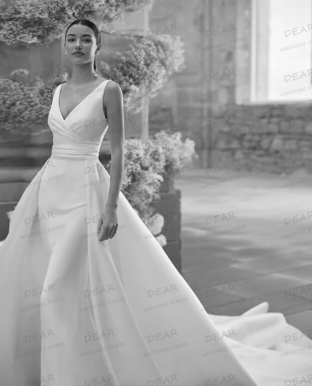 Ruffles V Neck Wedding Dresses Sleeveless Backless Satin Mermaid Women's Bridal Gowns Formal Vestidos De Novia Party Customized