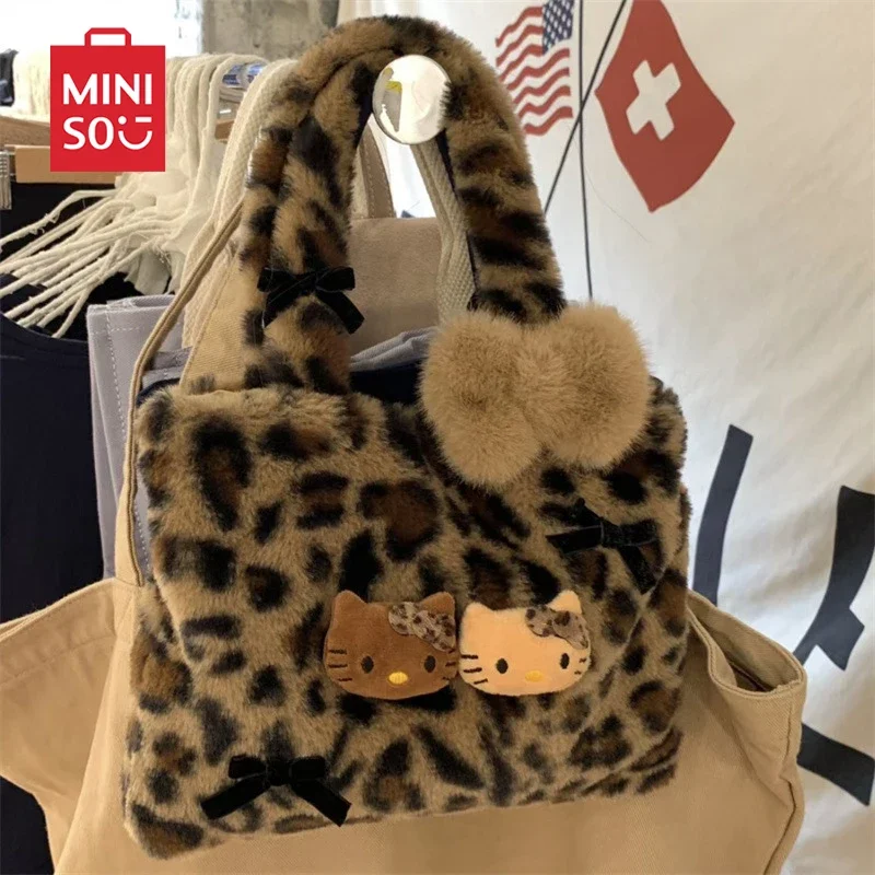 Leopard Print Handbag Cute Plush Black Leather HelloKitty Girl Y2k Commuting Bag Autumn and Winter New Fashion Collection Gift