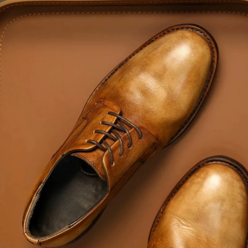 British Retro Round Toe Cowhide Handmade Dress Business Casual Leather Shoes Men's Genuine Leather Derby Gentleman Style