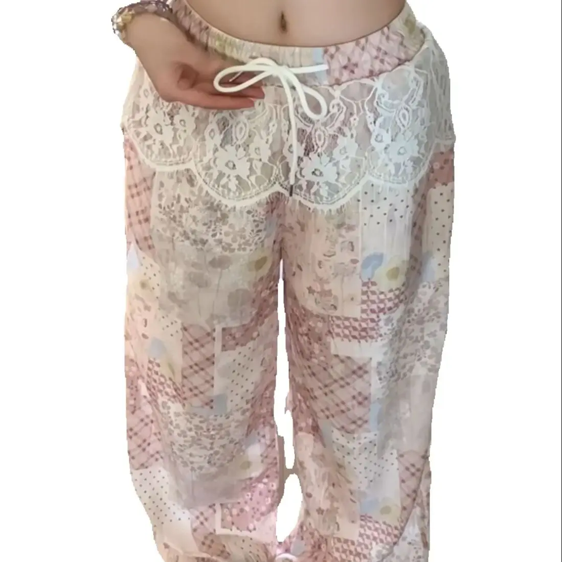 American Retro Lace Spliced Casual Pants Women Spring Summer New Niche Design High Waist Slimming Straight Wide-Leg Trousers