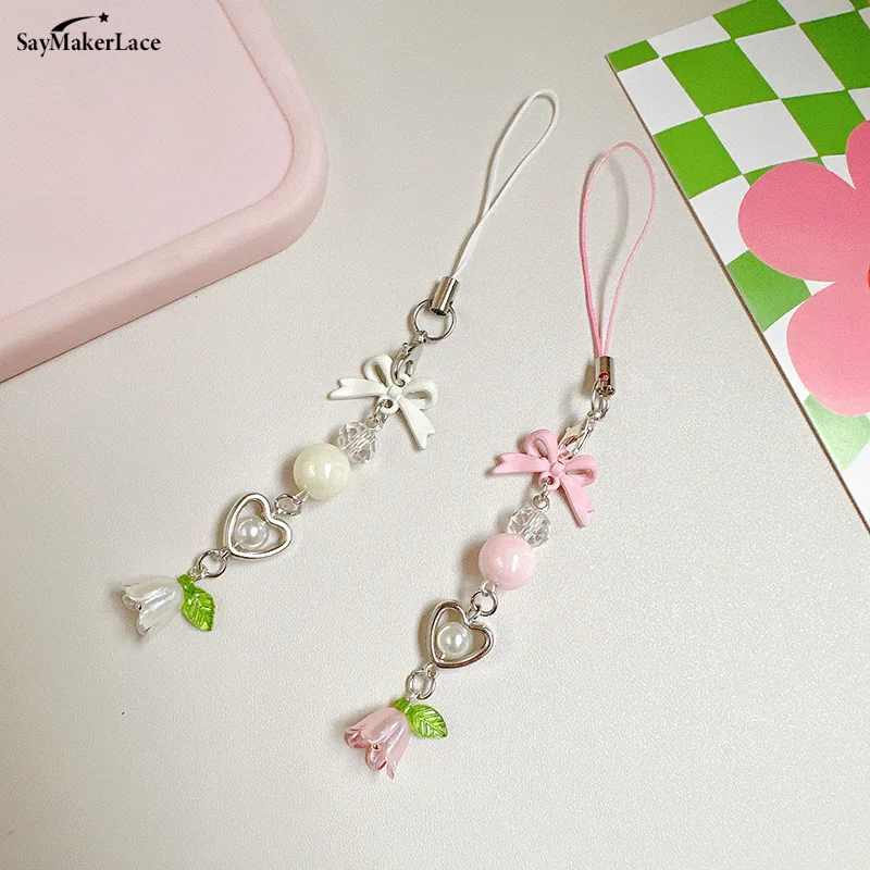 Bow Lily Of The Valley Beaded Phone Chain Y2K Fresh Sweet Keychain Fower Pendant Backpack Bag Charm Hanging Jewelry Girls Gift