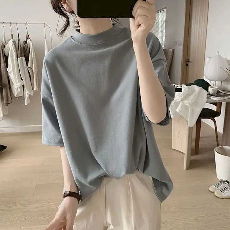 Semi-high Collar T-shirt Women Casual Simple Short Sleeve Top Spring Summer Trend Loose Thin T Shirt Korean Style Vintage Tshirt