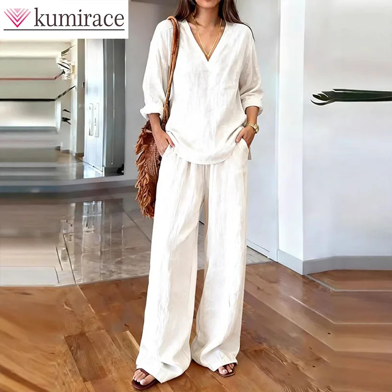 

Новинка 2026: Весенний модный повседневный комплект для женщин — топ и брюки с широкими штанинами, комплект из двух предметов, женский костюм