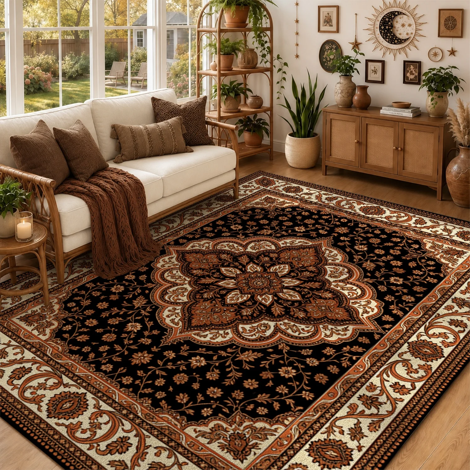 Traditional Persian Floral Medallion Pattern Velvet Area Rug, Machine Washable, Stable Placement, Ideal for Living Room, Bedroom, Dining Room, Entryway, Perfect for Halloween, Thanksgiving, Christmas, New Year, Black Friday, Cyber Monday Decor