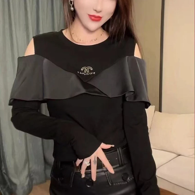 Fashion O-Neck Spliced Ruffles Off Shoulder Blouses Women\'s Clothing 2023 Autumn Winter Loose Korean Tops Office Lady Shirts