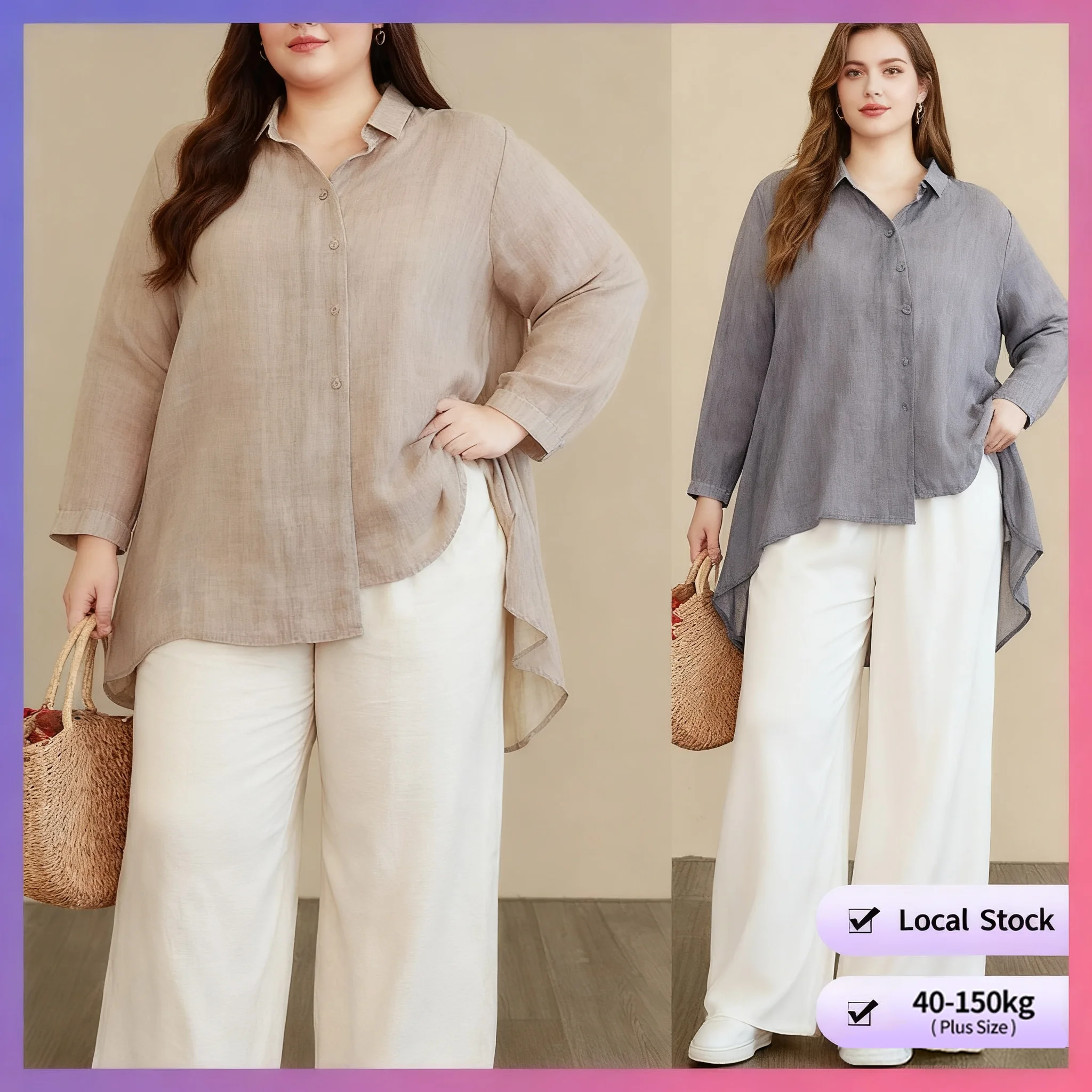【เสื้อโอเวอร์ไซส์】(40-150 กก.) เสื้อผู้หญิงฤดูร้อน ผ้าฝ้ายลินิน ไซส์ใหญ่ แขนยาว คอปกเรียบ เสื้อแฟชั่นสไตล์พื้นฐาน