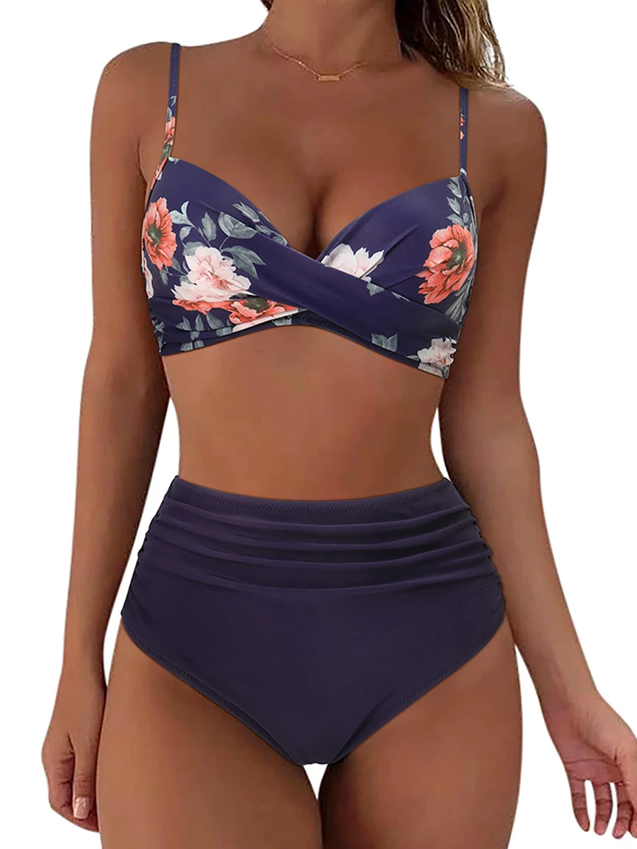 Vrouwen sexy schouderband badmode 2023 nieuwe gedrukte effen hoge taille badpak vrouwelijke zwemmers sport zwemsets zomer tankini