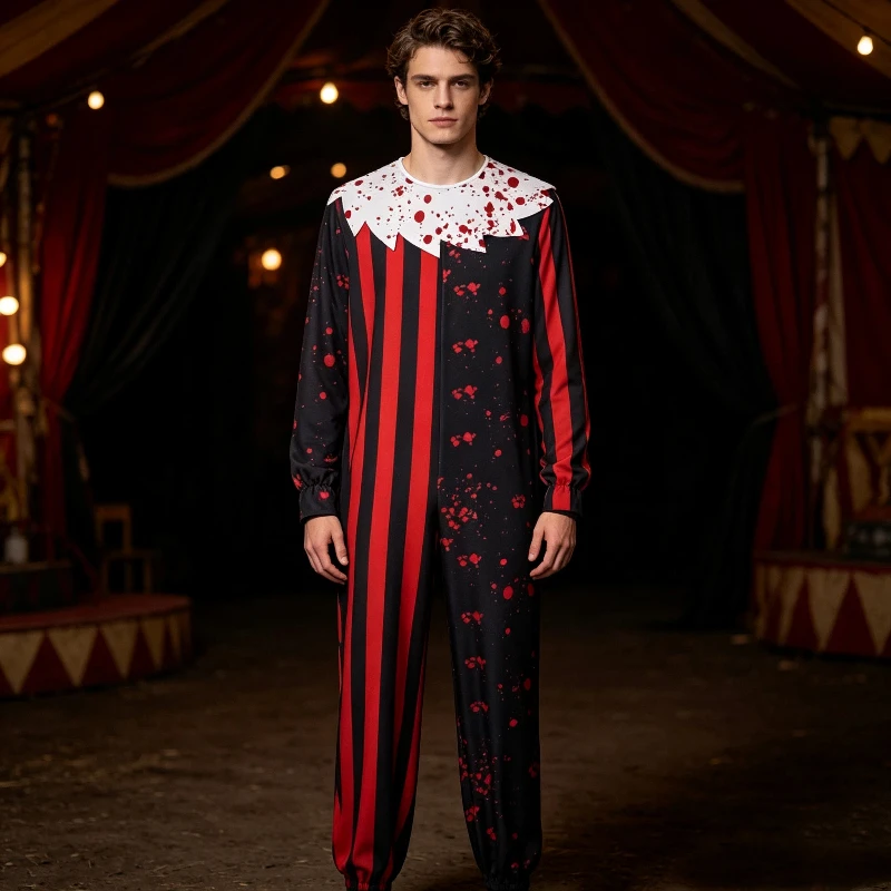 Scary Clown Jumpsuit Red Black Vertical Stripe Blood Splatter Design Onesie Halloween Carnival Party Cosplay Fancy Dress Outfit